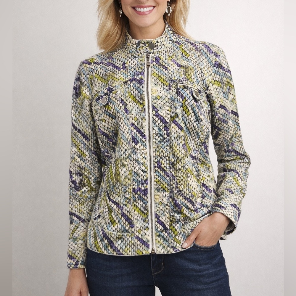 Chicos Green Purple Iridescent Faux Snake Skin Print Jacket Zip Front Sz 1 US 8